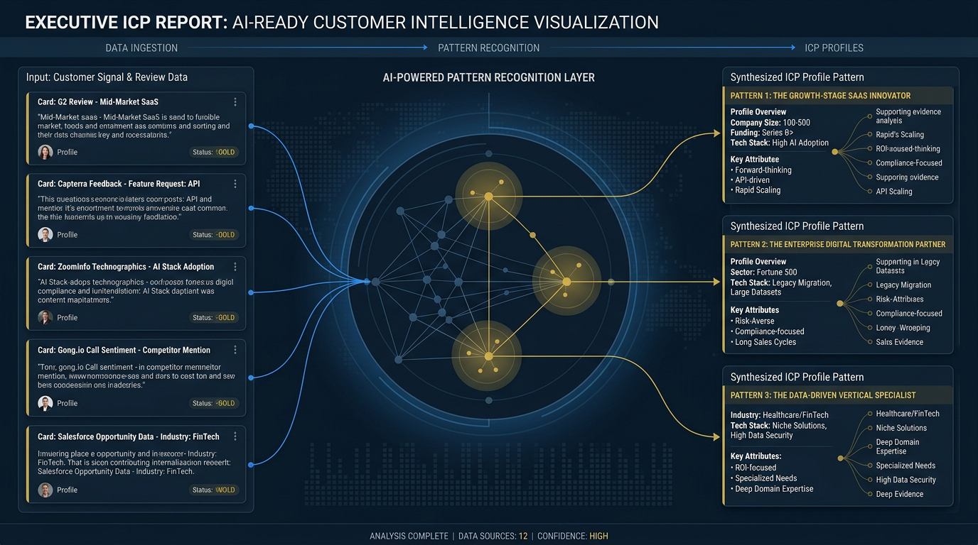 Customer intelligence visualization showing evidence flowing into pattern recognition